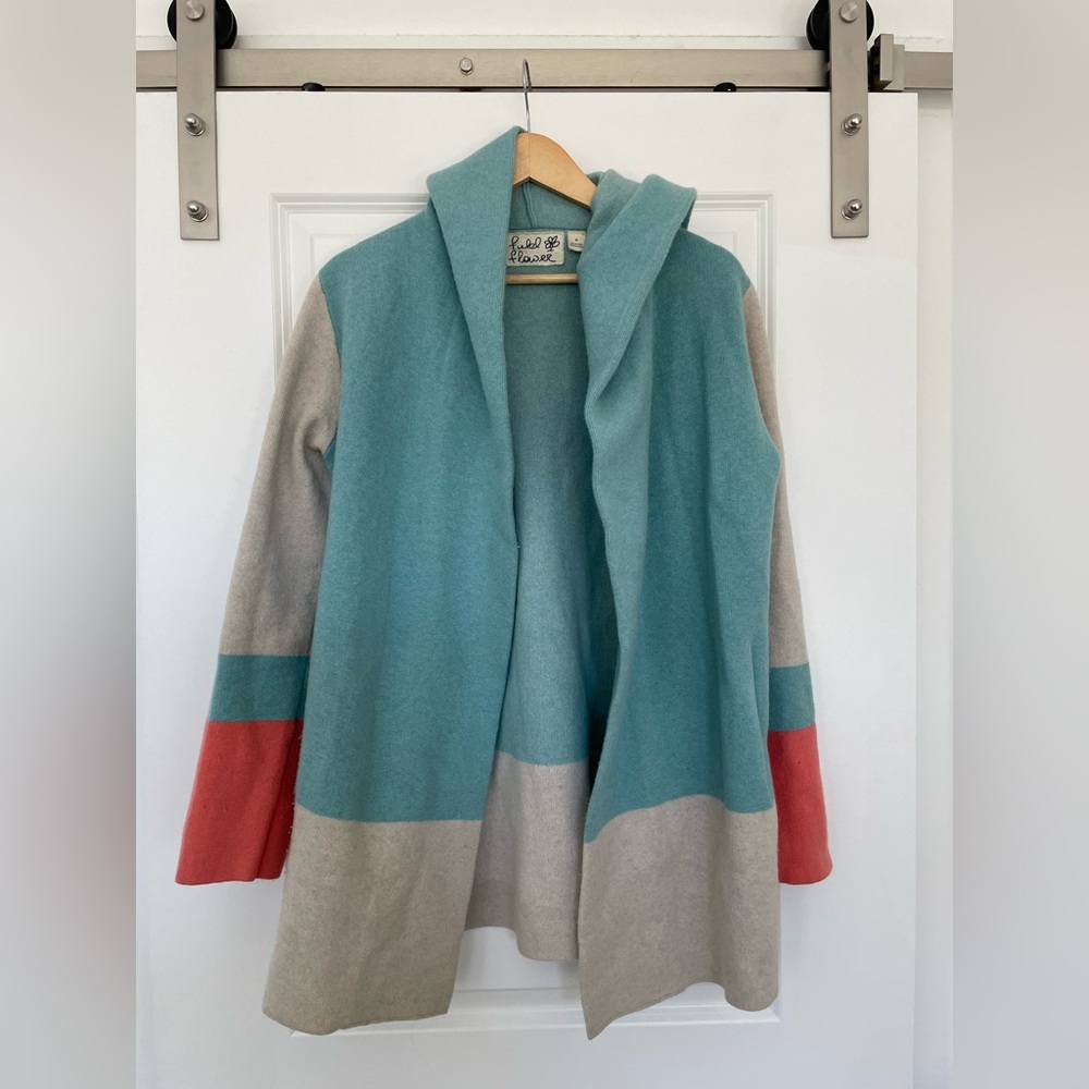 Anthropologie Field Flower 100% Wool Colorblock Hooded Cardigan Sweater Size M